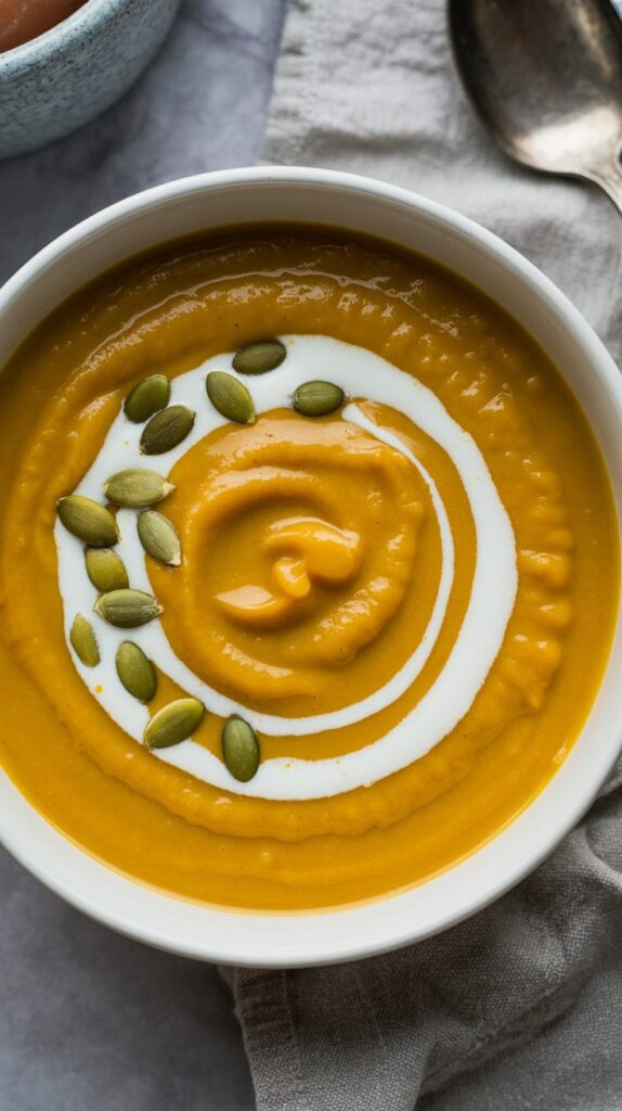 A bowl of creamy leek and butternut squash soup garnished with a swirl of cream and roasted pepitos
