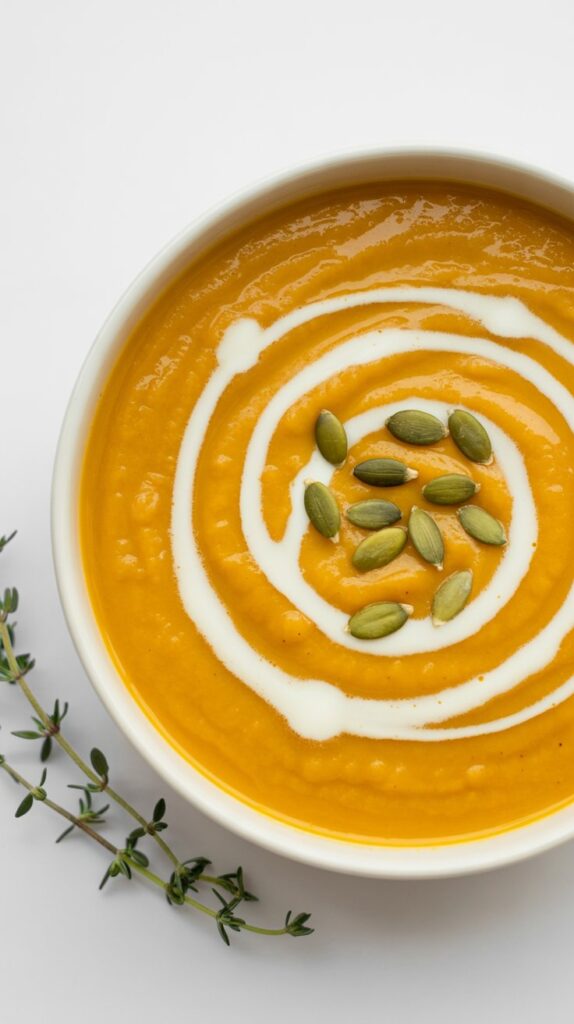 A bowl of creamy butternut squash and apple soup garnished with a swirl of cream and roasted peitos. a sprig of herb on the side