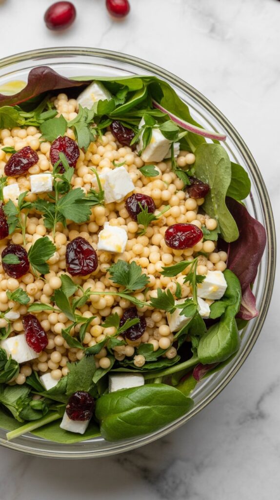 Overhead photo of couscous salad with cranberries, greens, and feta in a glass bowl.