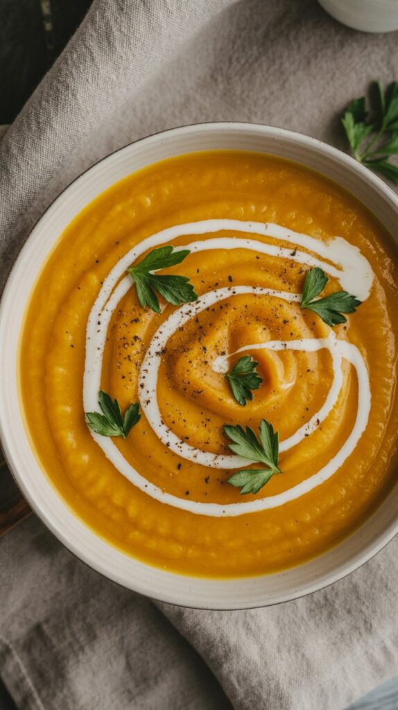 A bowl of creamy whole30 butternut squash soup garnished with a swirl of cream and cillantro