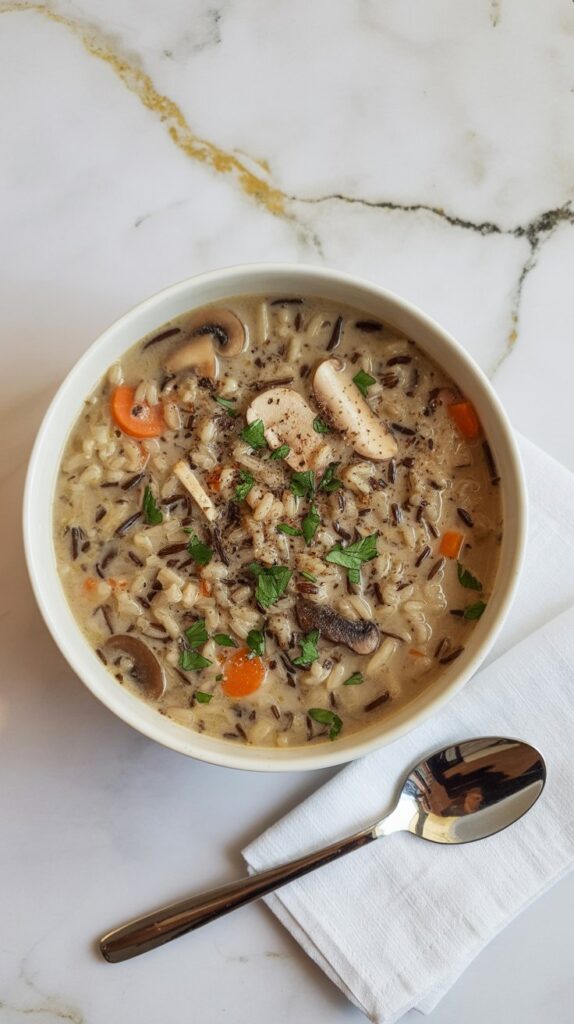 Top view of a bowl of wild rice and mushroom soup with visible slices of mushroom, carrot and rice in a creamy soup