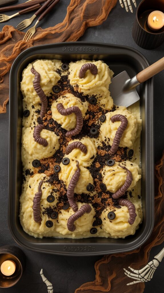 A halloween potluck of golden mashed potato-topped casserole with black bean pasta ‘worms’ poking out, and crushed black olives scattered to look like dirt