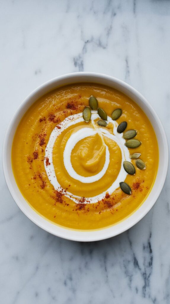 A bowl of ginger butternut squash soup garnished with a swirl of cream, paprika and roasted pepitos