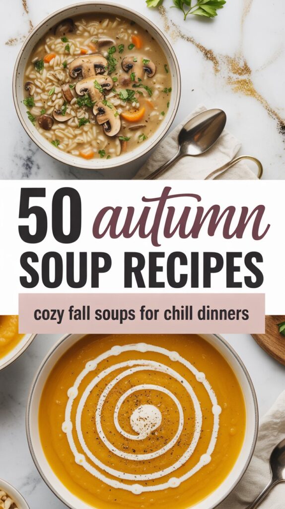 Top of image shows wild rice soup and bottom shows creamy butternut squash soup text reads "50 autumn soup recipes. cozy fall soups for chill dinners