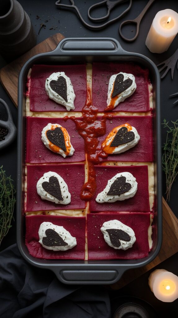 A Halloween potluck Beet-red lasagna layered in a black pan with dollops of garlic ricotta bleeding roasted pepper sauce, styled with candles and Halloween props.