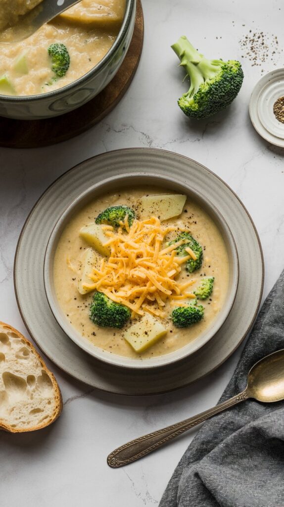 A creamy bowl of cheesy broccoli and potato soup, topped with extra cheddar and black pepper, with bread on the side. Clean, bright presentation on white quartz.