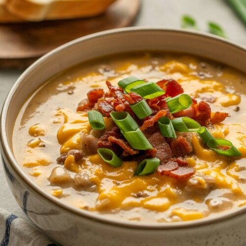 A shallow ceramic bowl filled with creamy cheeseburger potato soup, golden in color with chunks of potato and beef visible. Garnished with chopped green onions and crispy bacon. Served with a slice of crusty bread on the side, set on a white quartz counter with soft natural lighting.