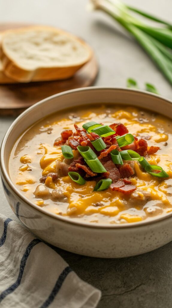 A shallow ceramic bowl filled with creamy cheeseburger potato soup, golden in color with chunks of potato and beef visible. Garnished with chopped green onions and crispy bacon. Served with a slice of crusty bread on the side, set on a white quartz counter with soft natural lighting.