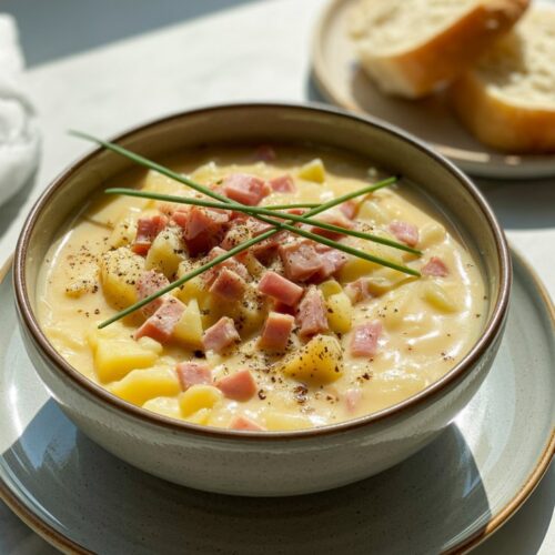 Creamy ham and potato soup in a bowl with visible chunks of potato and ham, topped with chives and served with bread.