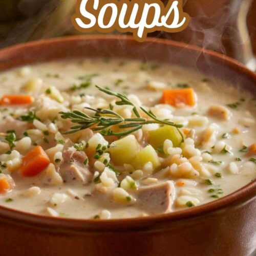 A cozy bowl of chicken wild rice soup with text "11 Fall Crock Pot Soups. Give them comfort and keeps some for yourself"