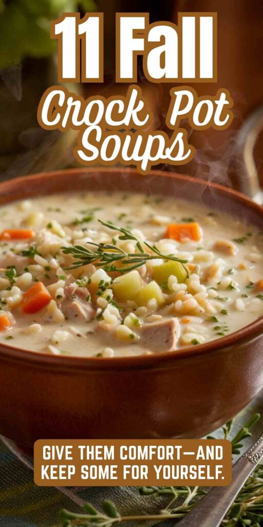 A cozy bowl of chicken wild rice soup with text "11 Fall Crock Pot Soups. Give them comfort and keeps some for yourself"