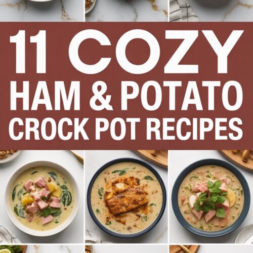 A collage of 8 different ham and potato crock pot soup recipes with text "11 cozy ham & potato crock pot recipes"