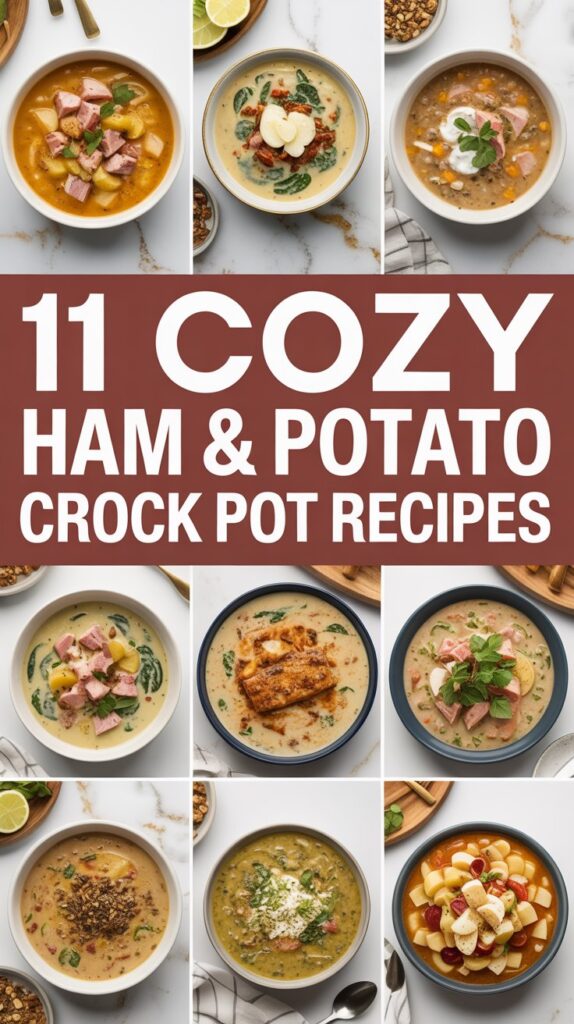 A collage of 8 different ham and potato crock pot soup recipes with text "11 cozy ham & potato crock pot recipes"