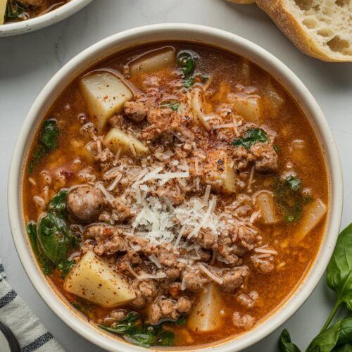 Hearty Italian sausage and potato soup topped with Parmesan and chili oil, served with bread on a clean white quartz surface.
