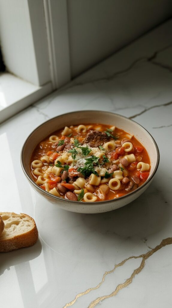 Overhead shot of pasta e fagioli soup in a shallow bowl, topped with parsley and Parmesan, placed on a white quartz countertop with soft gray and gold veining.