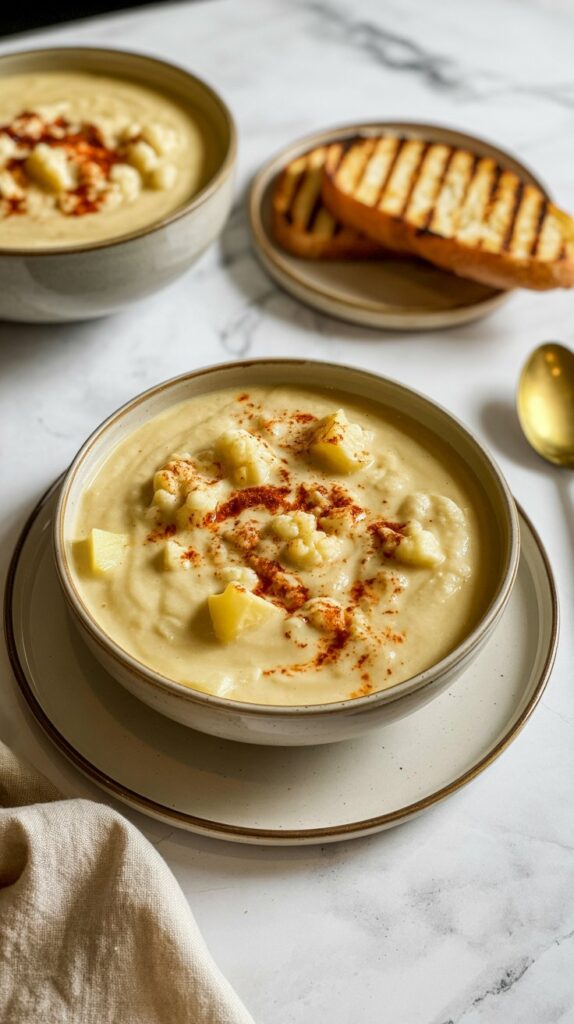 Smooth bowl of potato cauliflower soup with some chunks, topped with paprika, served with bread on a clean white surface.