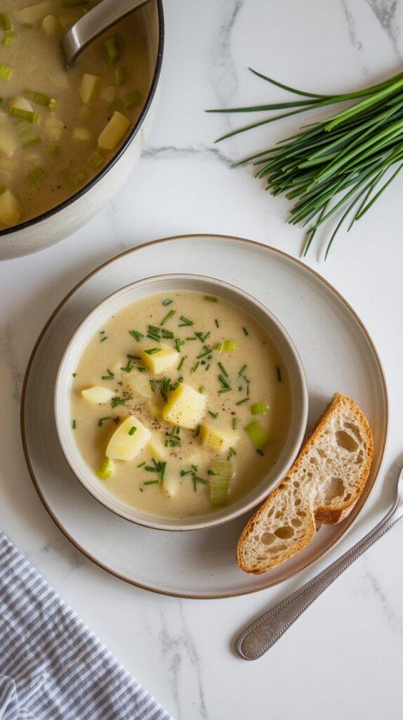 A shallow bowl of creamy potato and leek soup, garnished with chives and served with crusty bread, on a clean white quartz surface