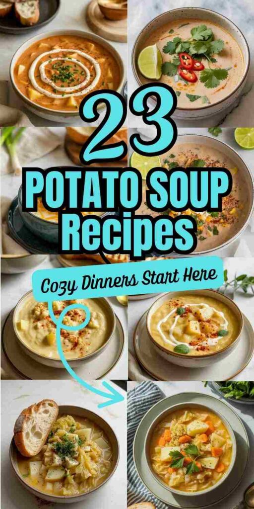 Collage of different potato soups serving in a bowls with text "23 Potato Soup Recipes. Cozy dinners start here".