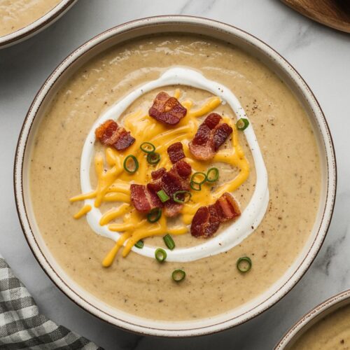 Creamy baked potato soup topped with crispy bacon, melted cheese, and chives in a bowl, with a slice of bread on the side.