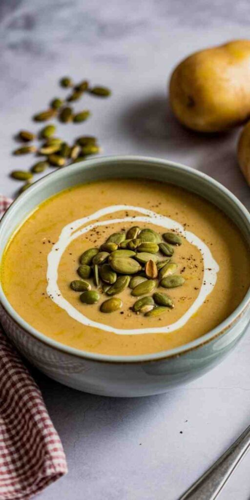 bowl of squash and potato soup with sour cream drizzle and garnished with pepitos