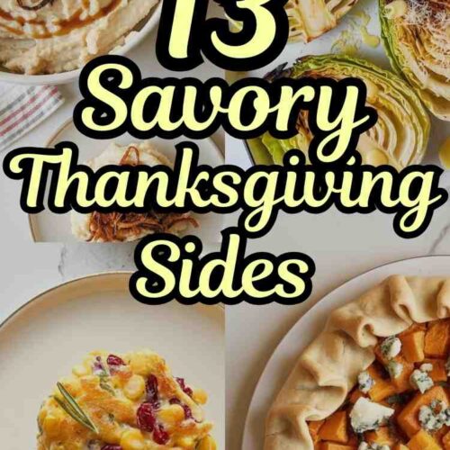 A collage of 4 different savory side dishes for thanksgiving text reads "13 Savory Thanksgiving Side Dishes. Mov over green bean asserole, there's new sides in town" alongside an illustration of 2 cowboys getting ready for a fight.