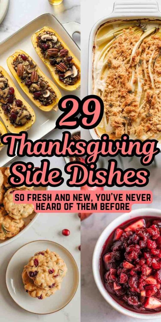A collage of 4 different Thansgiving side disehs including stuffed squash, roasted fennel, cranberry fritters, and apply cranberry chutney. Text reads: "29 Thanksgiving Side Dishes. So fresh and new, you've never heard of them before."