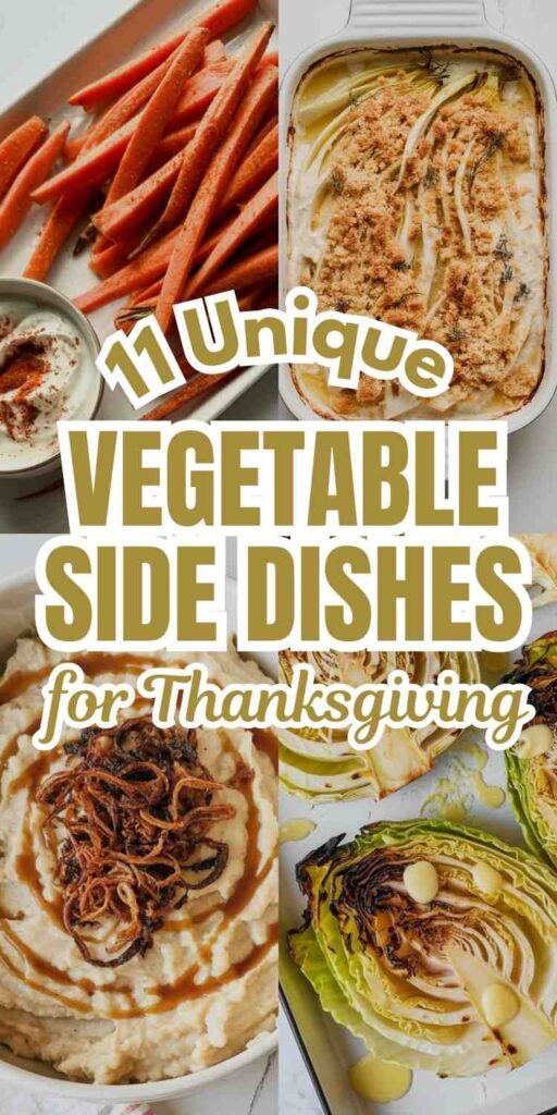 A collage of 4 different vegetable side dishes for thanksgiving text reads "11 Unique Vegetable Side Dishes for Thanksgiving"