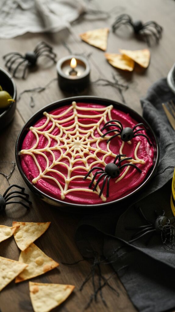 Overhead photo of bright magenta beet hummus in a black bowl with a piped cream cheese spiderweb and black olive spiders, surrounded by pita chips on a dark Halloween-themed table.