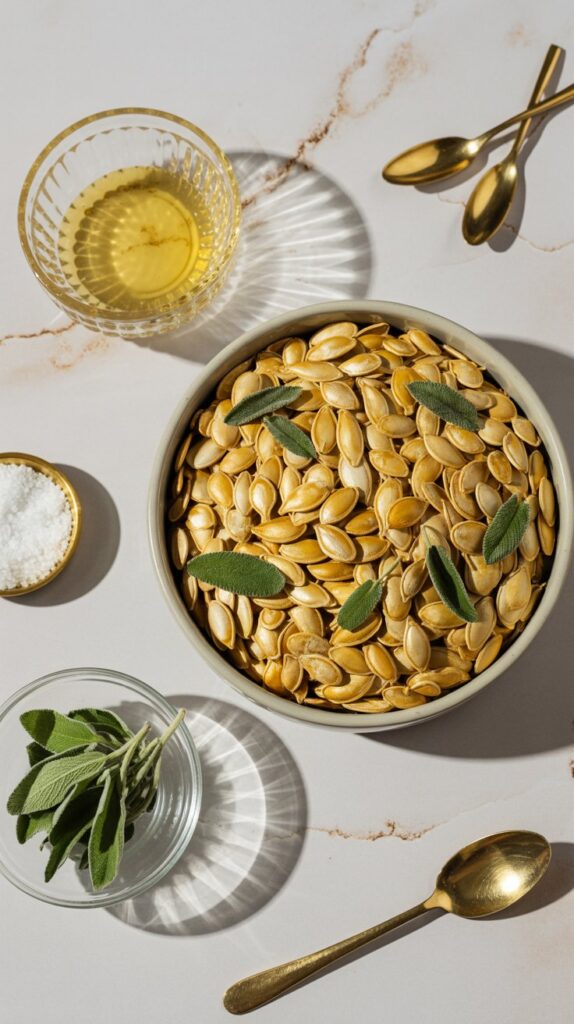 Deep golden-brown roasted pumpkin seeds with flecks of crispy sage, styled elegantly in a white bowl with browned butter ingredients in glass dishes.