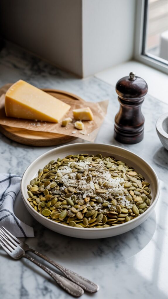 Golden roasted pumpkin seeds dusted in grated cheese and cracked black pepper, styled minimally on a white quartz counter with glass prep bowls of ingredients.