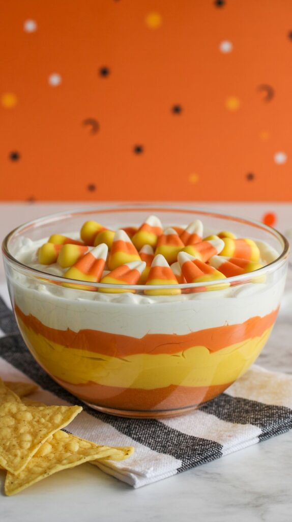 Layered queso dip in a clear glass bowl with distinct yellow, orange, and white bands mimicking candy corn, styled with tortilla chips on an orange napkin.