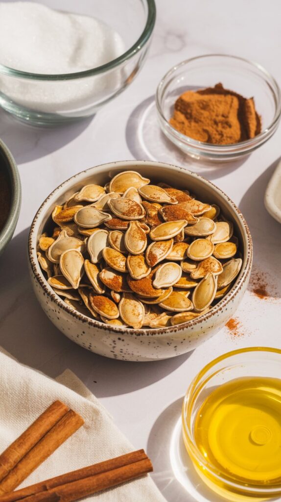 Crispy cinnamon-sugar roasted pumpkin seeds in a small ceramic bowl, styled with warm tones and autumnal spices in glass bowls on a modern quartz countertop.