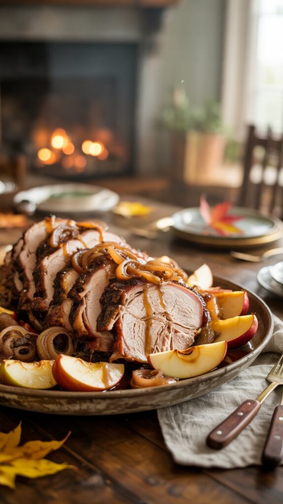 Tender cider-braised pork shoulder with roasted apples and onions on a fall table