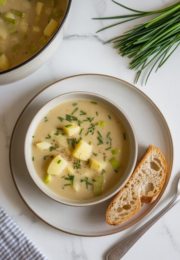Bowl of creamy leek soup with buttery yukon gold potato chunks with a slice of crusty bread.