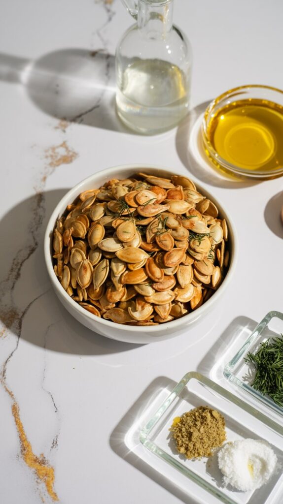 Golden-brown roasted pumpkin seeds with flecks of dill, styled in a crisp white ramekin surrounded by clear bowls of vinegar, garlic, and spices on a clean counter.
