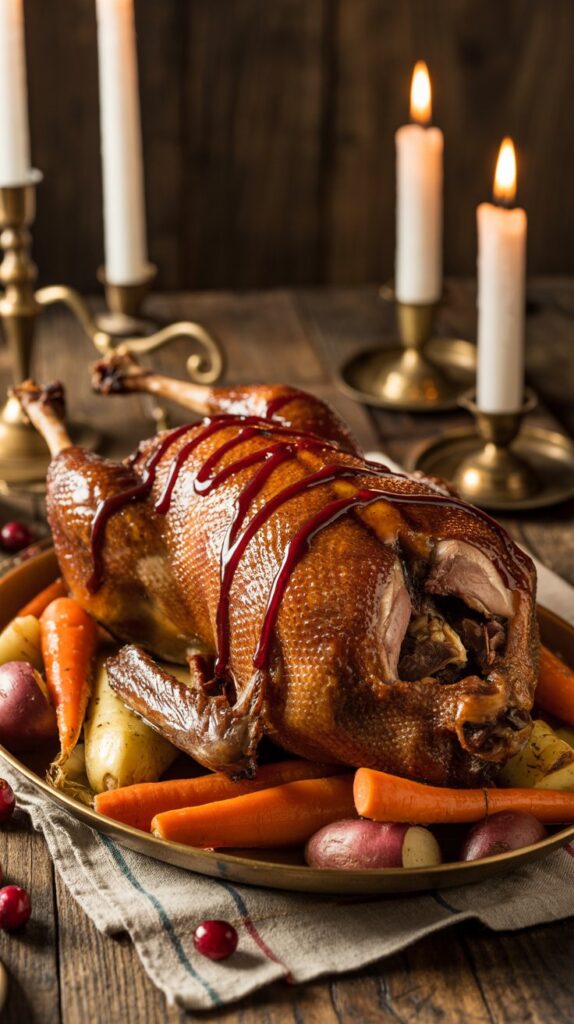 Whole roasted duck drizzled with cherry-port sauce, served with root vegetables