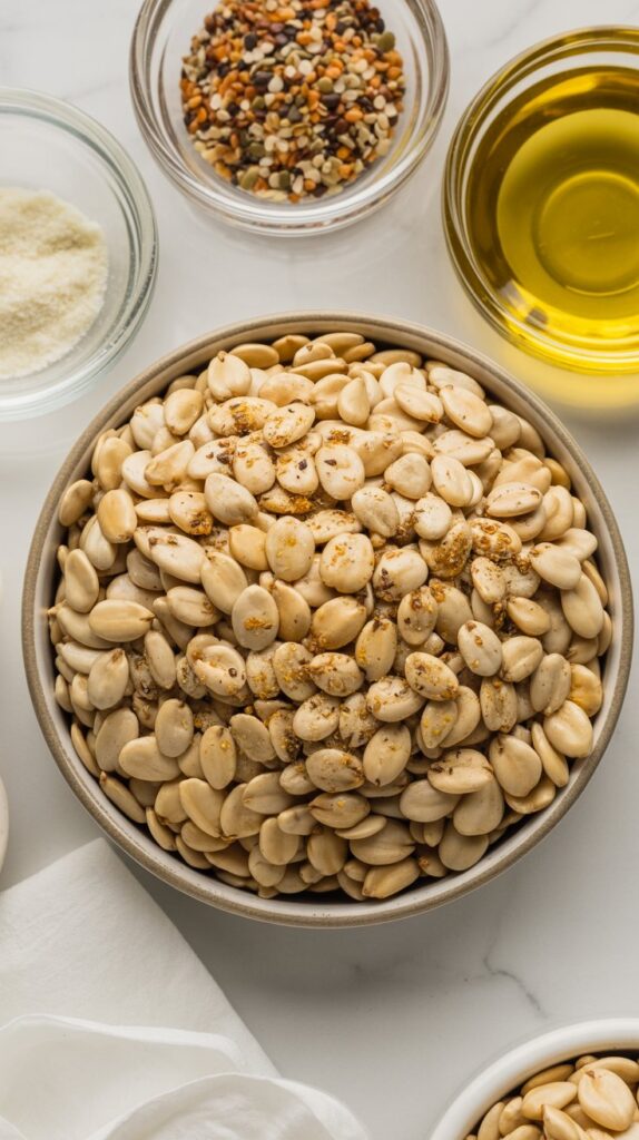 Crunchy roasted pumpkin seeds flecked with sesame, garlic, and poppy seeds, served in a white dish with glass bowls of everything seasoning and olive oil.