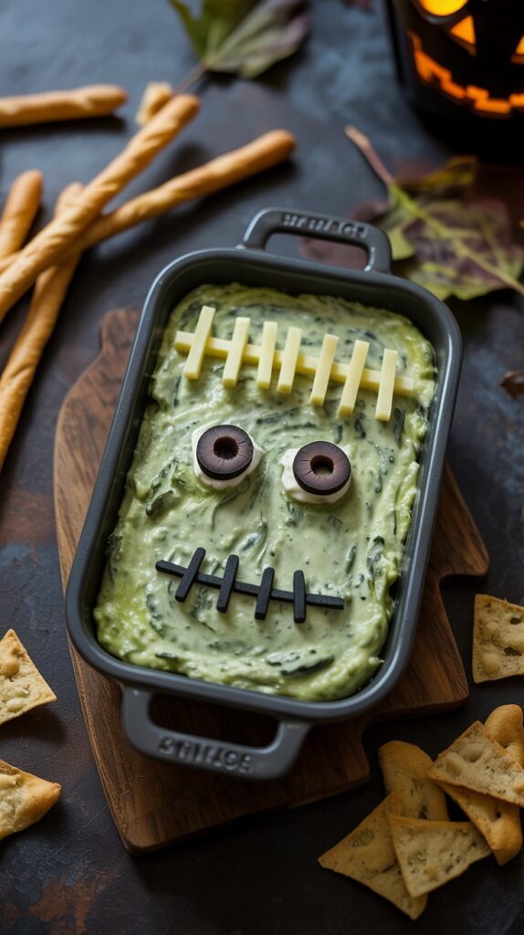 Warm spinach artichoke dip tinted bright green and styled to look like Frankenstein’s face with black olive eyes and shredded cheese stitches, served in a black baking dish surrounded by breadsticks on a dark Halloween-themed table.