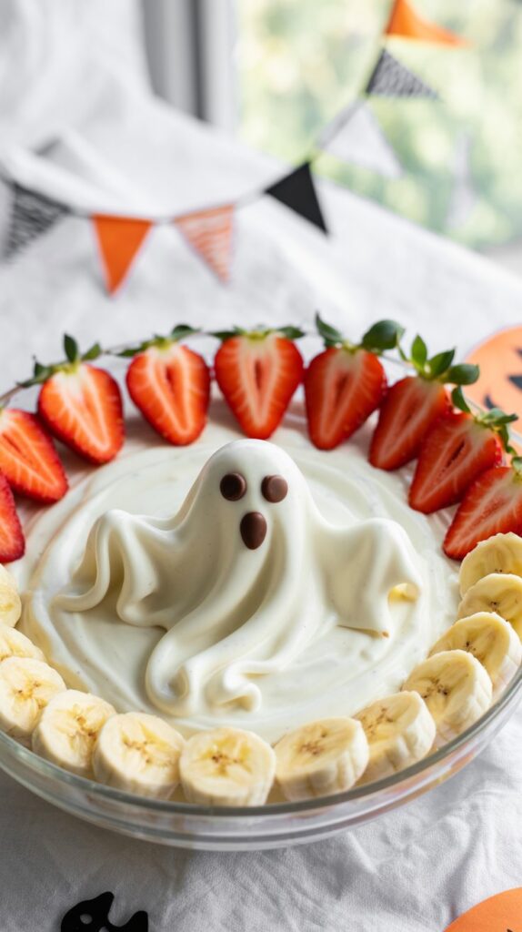 Fluffy white fruit dip in a glass bowl with a Peeps Ghost in the center, surrounded by colorful fruit slices on a white wood surface with Halloween accents.