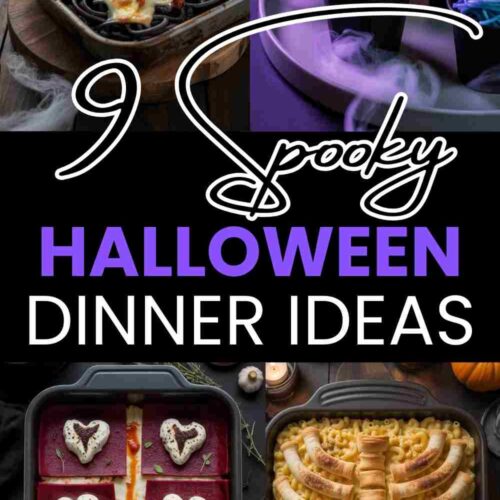 A collage of 4 different halloween dinner ideas with text "9 spooky halloween dinner ideas"