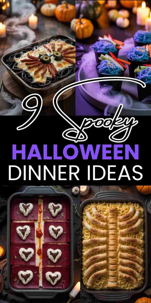 A collage of 4 different halloween dinner ideas with text "9 spooky halloween dinner ideas"