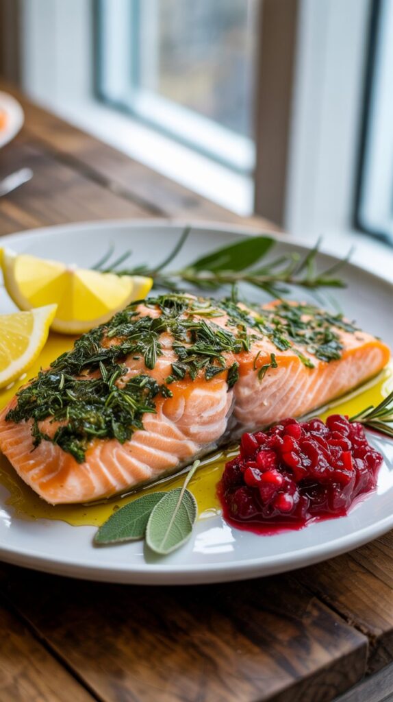 Roasted salmon fillet topped with crisp herb crust and bright cranberry relish.