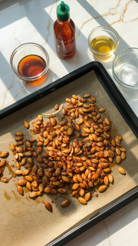 Golden roasted pumpkin seeds coated in a sticky maple and sriracha glaze, arranged on parchment with glass bowls of ingredients nearby on a white quartz counter.