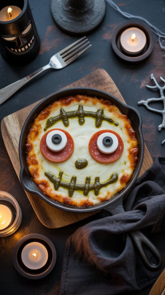 Warm pizza dip with green pesto swirls and pepperoni eyeballs made from mozzarella and black olives, baked in a cast iron skillet and surrounded by breadsticks.