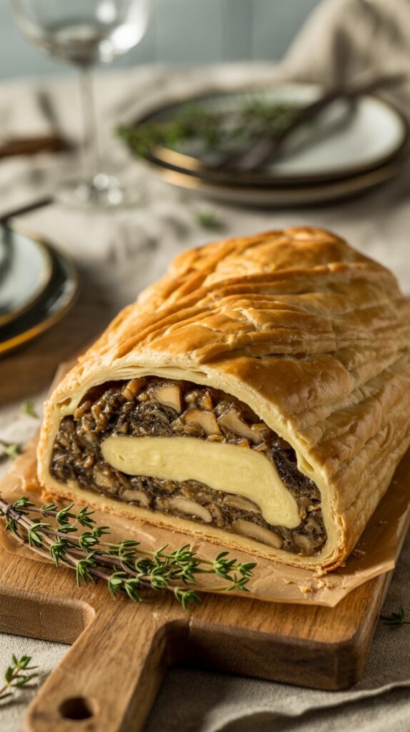 Golden puff pastry wellington sliced open to show mushroom and chestnut filling.