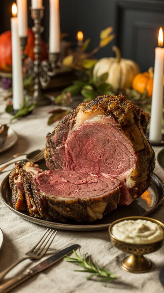 Thick slices of roasted prime rib with horseradish cream sauce on the side