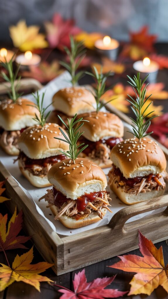 Mini pulled turkey sliders topped with cranberry BBQ sauce on soft slider buns.