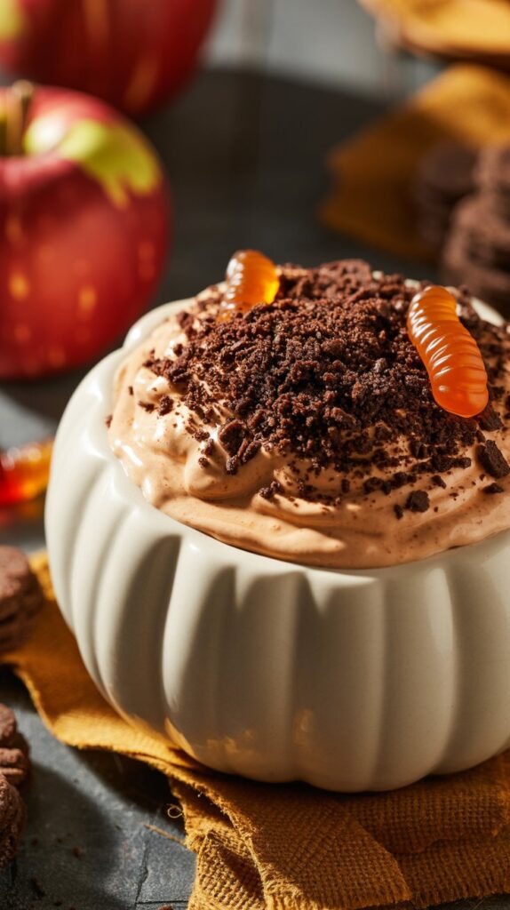 Creamy orange pumpkin dip in a white bowl topped with crushed chocolate cookies and a gummy worm, styled with apples and cookies for dipping.