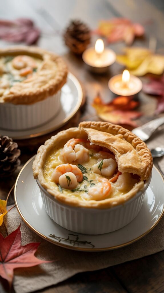 Seafood pot pie in a ramekin with golden puff pastry crust, creamy filling inside.