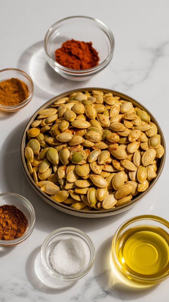 Toasted pumpkin seeds with a warm golden hue, dusted in curry spices and displayed in a modern bowl, surrounded by glass dishes of seasoning on a white quartz surface.